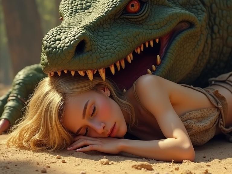 Close up painting focusing on a beautiful warrior woman with shiny tanned skin. She is sleeping on her back in a tattered loincloth next to a large dragon with its mouth open. The setting has a dystopian and post-apocalyptic environment. The woman appears tired and is lying in dust, evoking a cinematic vibe.