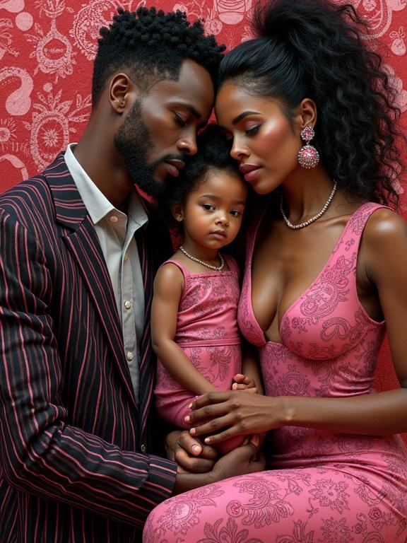 Family portrait featuring parents and child. All dressed in pink with intricate designs. Parents holding the child gently. Background in warm tones. Art style blending various artistic influences. Hyper-detailed and vibrant.