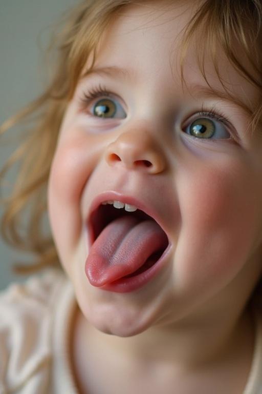 Image of a little girl with her tongue out. She makes a playful expression. Emphasis on her joyful demeanor. Natural environment and soft colors.