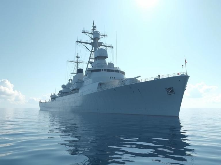 Image depicts a sci-fi polygonal bevel destroyer ship on calm ocean waters with a bright blue sky. Emphasis on realism with detailed textures and shadows. 4K quality.