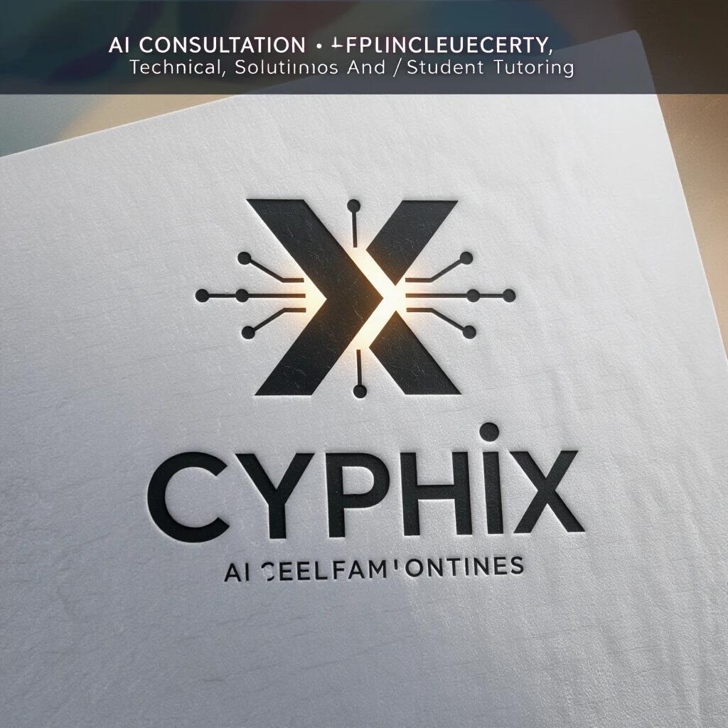 Minimalist dark-themed logo for a tech company named Cyphix. Specializes in AI consultation and cybersecurity. Logo derived from stylized letter X. Modern elegant tech-inspired design. Clean lines with futuristic feel. Brand name 'Cyphix' in sleek sans-serif font below. Dark background with glowing colors.