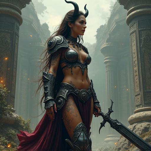 A tall slender female warrior with a beautifully proportioned figure wears intricate armor. She has long dark brown hair streaked with crimson. Small elegant black demon horns adorn her forehead. One arm transforms into a giant magical spear surrounded by floating eyeballs. Armor is ornate, revealing skin adorned with glowing tattoos. A large black sword rests on her shoulder. She is in front of a floating gothic temple amid ash. Spiraling light particles dance around her. The sky above warps, showing alternate worlds. Dark fantasy elements present, cinematic lighting is used.