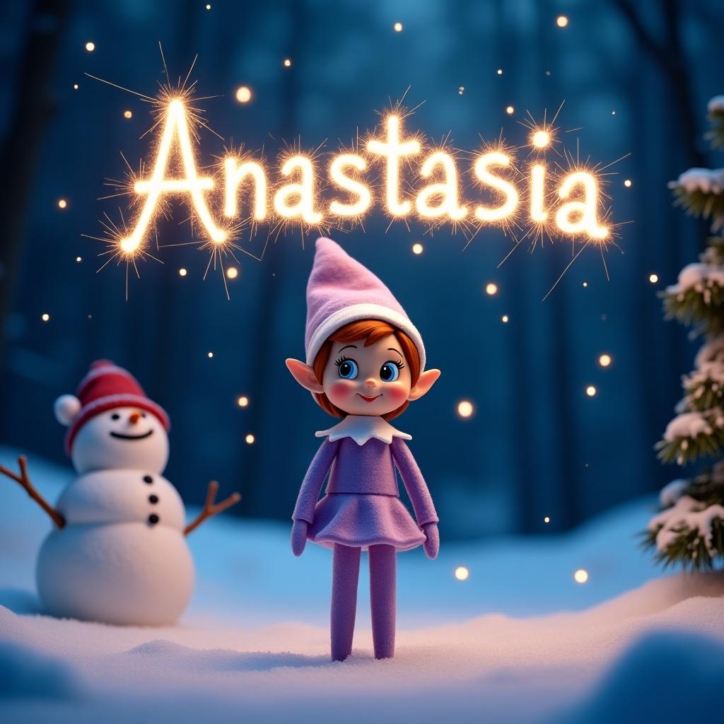 Create a magical image featuring a lilac toddler girl Elf on the Shelf with short ginger hair and blue eyes. She stands cheerfully in a snowy woodland at night. Beside her is a friendly snowman made of snow. The name 'Anastasia' is artistically written in the sky with glowing sparkler lights, adding a touch of enchantment. The scene is illuminated with soft magical lighting, enhancing the winter wonderland feel. This delightful imagery encapsulates the joy of the holiday season and the spirit of childhood magic.