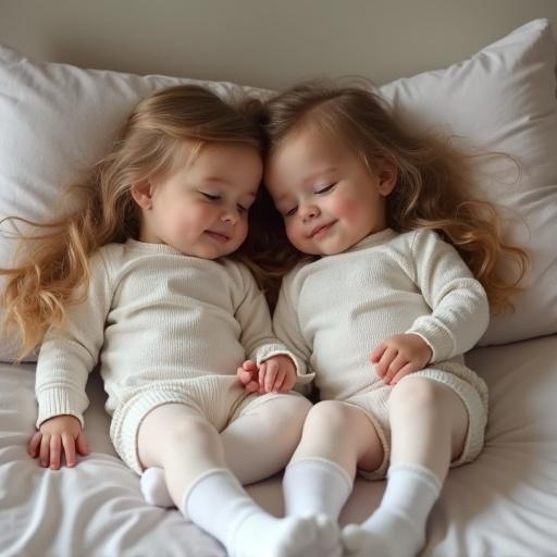 Two cute slim little girls in white outfits and socks are having a sleepover on a bed. They are cuddling together. The scene is cozy and heartwarming.