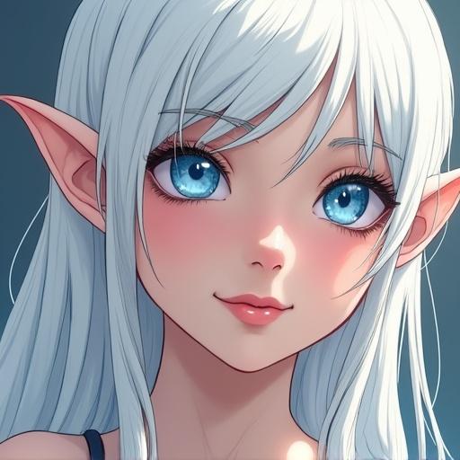 Detailed portrait of a female elf with blue eyes and white pixie hair. Features soft skin and a gentle look. Image is ultra-detailed and high resolution with smooth shading and comic book style.
