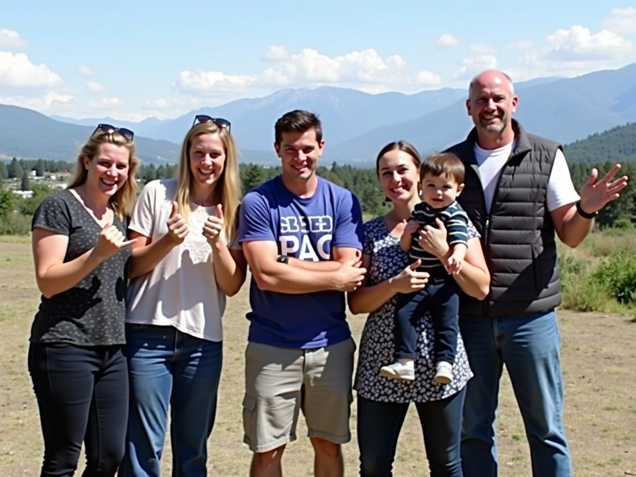 The image shows a group of six people gathered outdoors in a scenic setting with mountains in the background. The group includes both adults and a child. Some individuals are making playful hand gestures, while one person is holding a baby. The atmosphere appears joyful and relaxed as they enjoy each other's company. The sky is clear with a few clouds, indicating a pleasant day. Everyone is dressed casually, suitable for a day out.