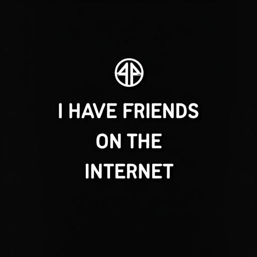 Minimalist graphic design shows white text on black background. Circular logo above text. Clean bold font. Text states I HAVE FRIENDS ON THE INTERNET. Simple aesthetic with minimal elements. Makes a confident statement about modern friendships.