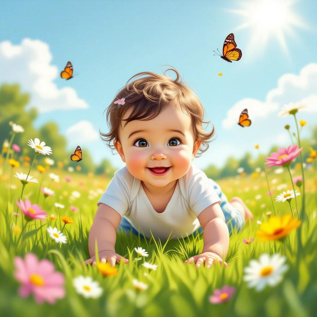 Cartoon-style baby crawling in a sunny meadow with flowers and butterflies. Baby is happy and curious. Soft lighting with warm colors. Hyper-realistic scene featuring a baby in a grassy field under a bright blue sky.