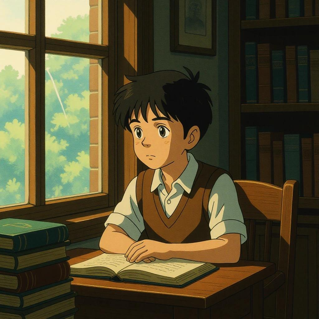 A young boy with dark hair sits at a wooden desk. He is looking thoughtfully out of the window while books are in front of him. The room is dimly lit in a 1930s style.