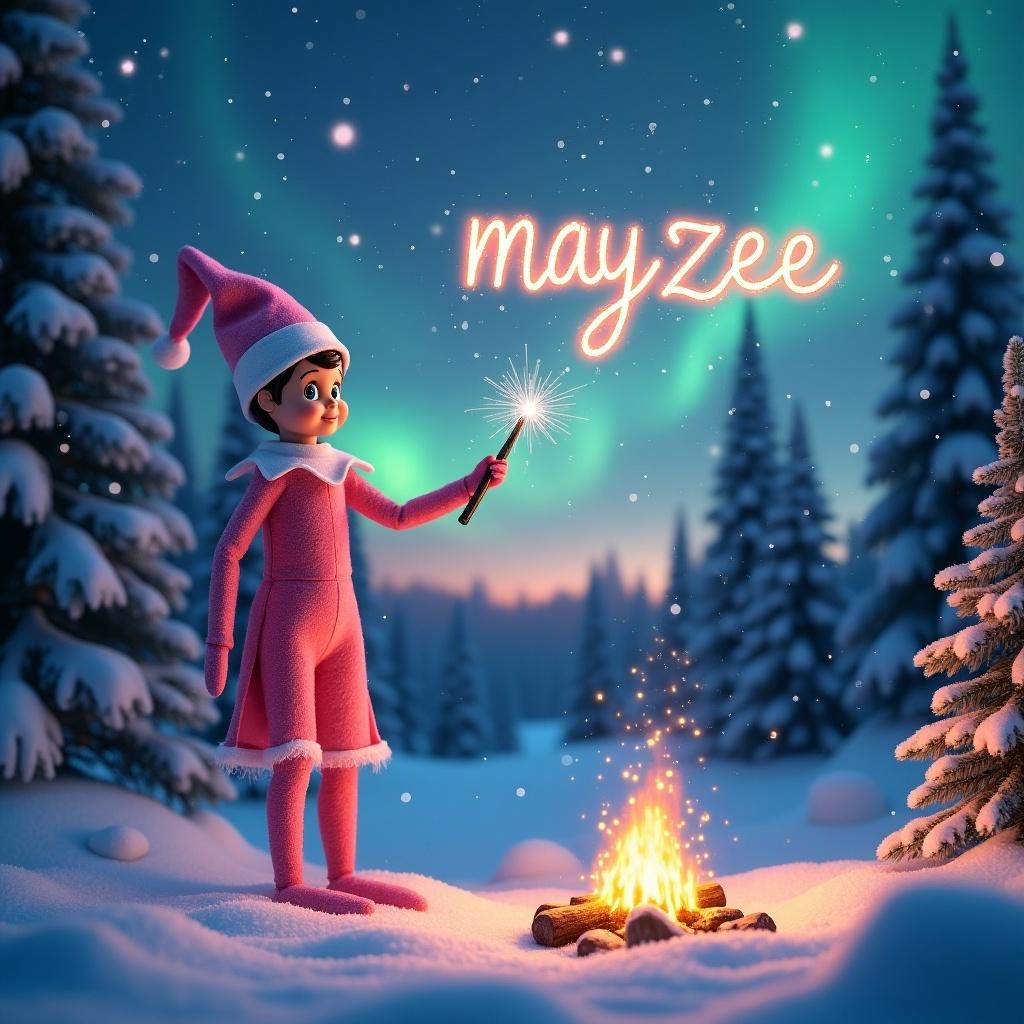 The image showcases a traditional pink girl elf on the shelf in a snowy forest. She holds a twinkling magic wand, creating the name 'mayzee' in the night sky. The scene features delicate, sparkling snowflakes swirling around her. A campfire nearby emits a warm glow, contrasting the cool hues of the northern lights in the distance. Additionally, a majestic Christmas tree stands tall, adorned with snow and twinkling lights.