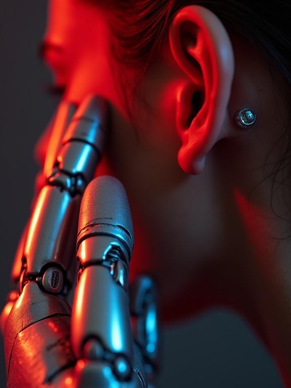 Macro perspective displaying human ear gently touching a robotic hand. Focus on metal surface showing subtle wear. Ambient lighting combines red and cool blue highlights. Glossy textures emphasize curvature and touch. Intimate framing creates a shallow depth of field. Maintains a cinematic sci-fi mood with hyperreal skin details. Represents futuristic love symbolism.