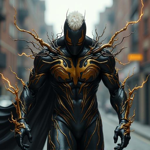 Highly realistic full-body shot of a muscular man in dark suit with tendrils in attack pose. Body has black and gold seamless uniform. Intense expression with visible electricity. Urban environment with natural lighting.