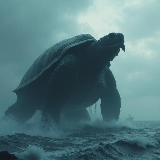 Dark atmosphere with large humanoid turtle. Turtle is 200 ft tall and dark greyish blue. Waves crash against its thick textured shell. Water splashes off the creature. Small cargo ship near it in stormy ocean. Clouds are heavy and ominous. Shadows and realism are prominent.