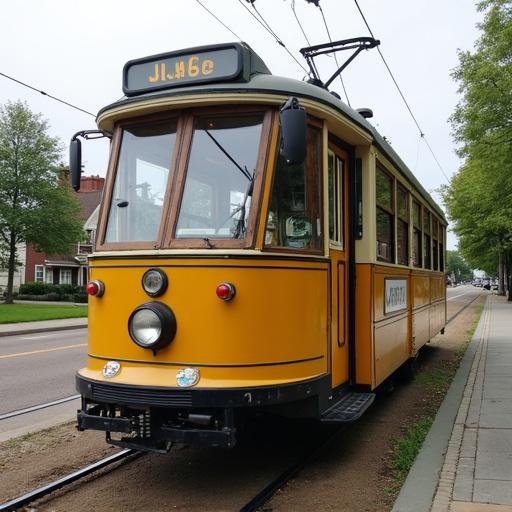 An old tram converted into a Track Recording Vehicle. Vintage appearance with bright yellow color.