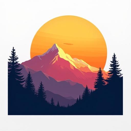 Illustration of a mountain landscape features a bright sunset. The sun is large and orange. The mountain peak is highlighted in white and purple tones. Dark evergreen trees surround the base of the mountain. The background is white for a clean look.