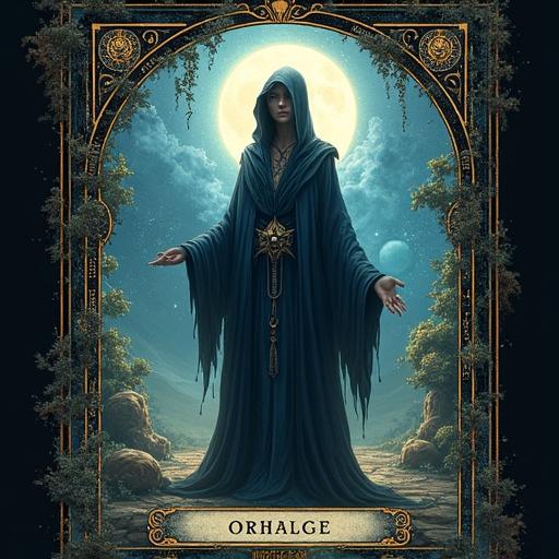 Create a Tarot card with a unique character embodying an archetype. Character should wear symbolic attire with arcane runes and celestial motifs. Surround character with metaphors like fractured mirrors and glowing orbs. Set in a dreamlike atmosphere with a rich color palette. Include a card border with an original title.