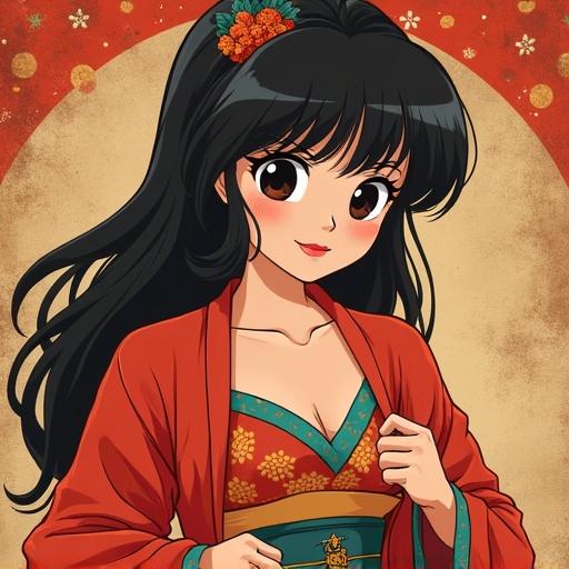 Styled illustration of a female anime character in a kimono with flowing black hair holding a pose