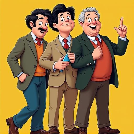 Three animated characters inspired by classic comedy. They wear suits and smile. The background is bright yellow.