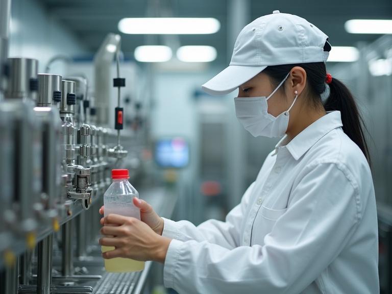 In a food factory, a worker wearing clean white clothes, hat and mask is operating a liquid filling machine. Image has high resolution and realistic details.