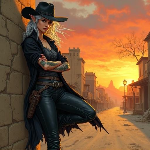 Semi-realistic fantasy hand-drawn style. A rebellious female elf in a dusty frontier town at sunset. Wild silver hair blowing in the wind. Cowboy hat on head. Sharp emerald eyes show mischief. Wears a tattered black coat. Tight leather trousers. Weapon belt on hips. Jagged tattoos on arms. Leaning against a stone wall. Boot propped up. Arms crossed in defiance. Sunset paints the scene in gold and blood-red. Long shadows on the dirt street. Gritty atmosphere.