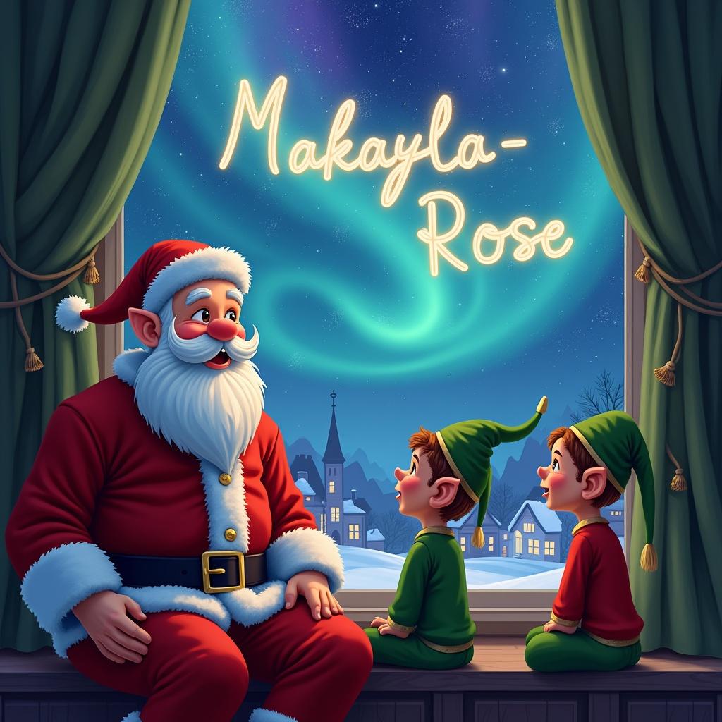 Santa Claus is sitting with two elves by a window. The background showcases a charming Christmas scene with colorful northern lights swirling above. The elf is writing the name 'Makayla-Rose' in the sky with a magical light.