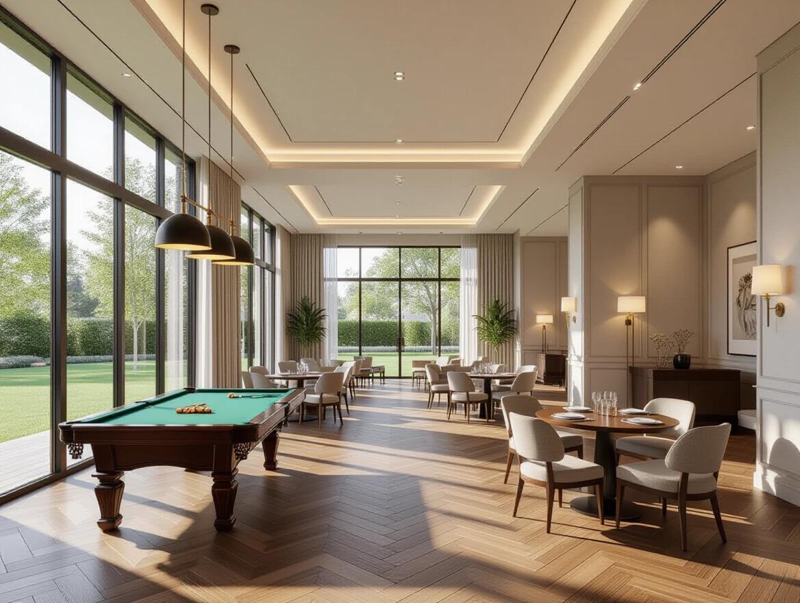 Large gathering hall with open layout. Elegant round tables and chairs are spaced apart. Stylish snooker table is on the left. Soft ambient lighting enhances modern interior. Floor-to-ceiling window opens to green lawn. Rich wooden flooring and subtle ceiling lights.