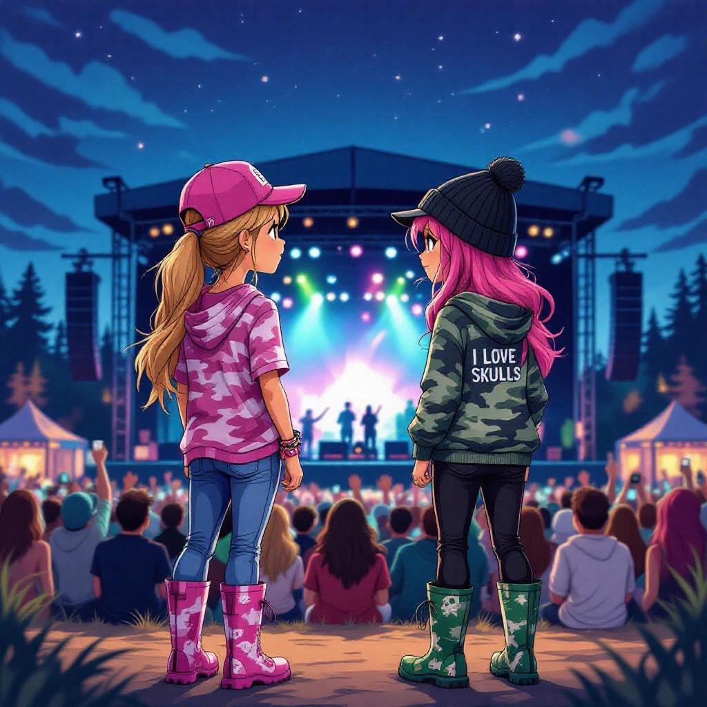 Brianna and Brandy at a music festival. They are watching a nighttime performance on stage. Brianna has dark blonde hair in a ponytail. She wears a pink baseball cap, pink camouflage shirt, pink tracksuit hoodie, navy-blue pants, and pink wellies. Brandy has pink hair and wears a black beanie, grey shirt with 'I Love Skulls', green hoodie, black pants, and green wellies.