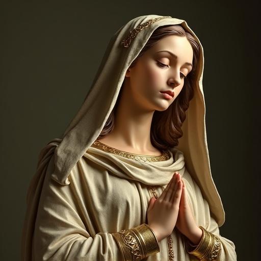 Image of the Virgin Mary depicted in soft colors. The figure is in a prayer pose. The setting evokes a sense of peace and spirituality. Draped in a flowing garment.