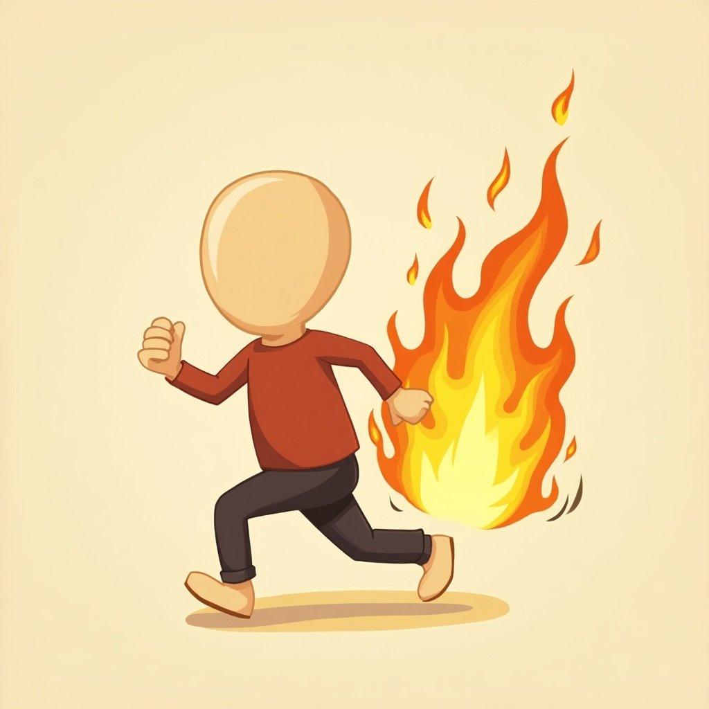 Animated cartoon character running with flames behind. Character has a blank face and simple features. Fire is bright and dynamic. The background is a light beige color.