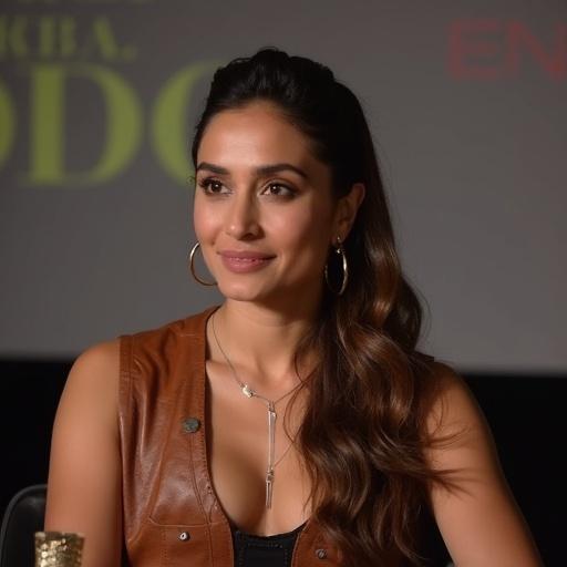 Celebrity at a press conference. Smiling woman with long hair. Wearing earrings and a stylish outfit. Focus on face and expression. Soft lighting highlighting features.