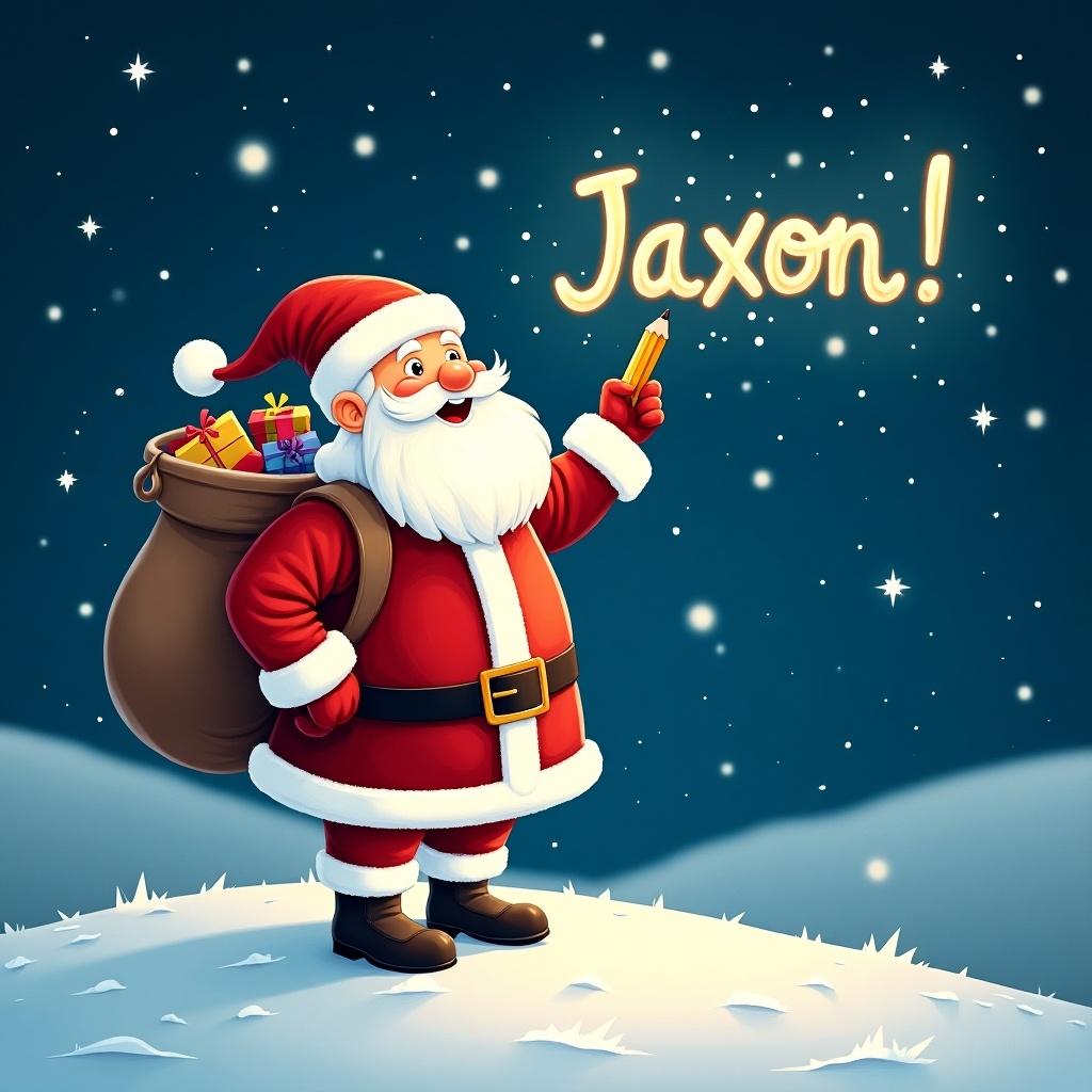 In a magical winter scene, Santa Claus stands on a snowy hill under a starry night sky. He is holding a pencil and looking up as he writes names of children in the sky. Santa, dressed in his traditional red and white suit, has a large sack of gifts on his back. The night is bright with twinkling stars surrounding him. The phrase 'Jaxon!' is displayed in a whimsical font, adding to the festive atmosphere.