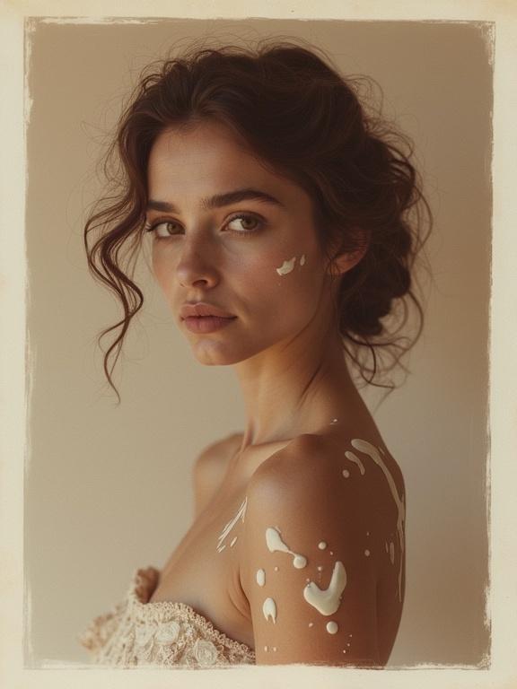 A vintage canvas frame photo. A beautiful supermodel poses gracefully. Her skin is splashed with yogurt. Shot in a slightly sepia tone with grainy texture. Uses diffused lighting and low angle perspective. Captured with a Hasselblad camera and Voigtländer lens.