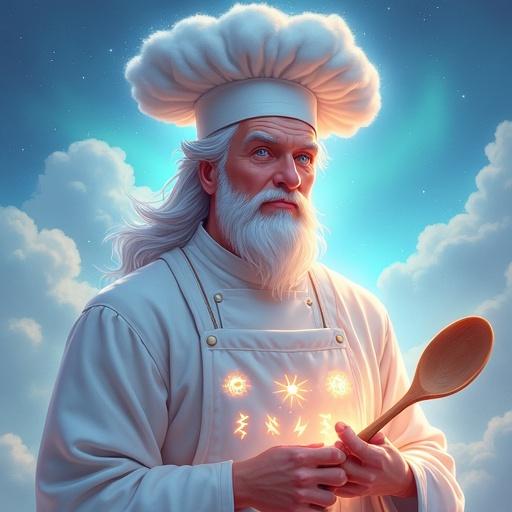Dreamy fantasy-style male chef in his 40s. Soft silver hair flows like clouds. Glowing pale blue eyes with a calm expression. Wears mystical pastel robe with glowing threads. Chef hat shaped like a fluffy storm cloud. Apron with weather symbols: sun, moon, rain, lightning. Holds wooden spoon glowing with soft energy. Background features soft glowing clouds, sparkles, aurora lights. Stylized portrait, vivid colors, highly detailed.