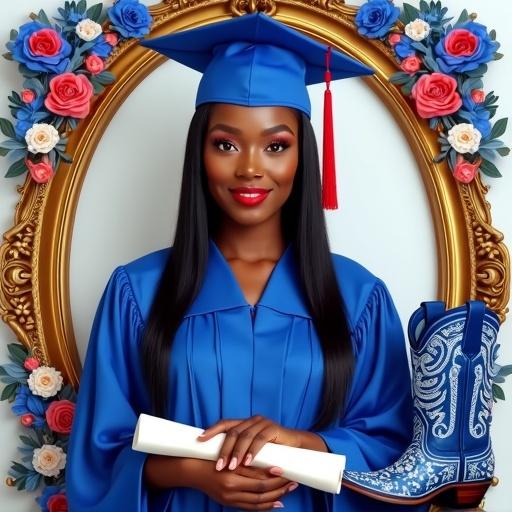 A beautiful black woman wearing a blue graduation gown and cap stands proudly. She has sleek straight hair and a rolled diploma in her hands. The background features an ornate gold frame surrounded by blue red and white flowers. The year 2025 is displayed in bold blue letters above her. The phrase Diploma in Hand is styled below with a decorative rolled diploma graphic. A pair of elegant blue embroidered cowgirl boots are shown to the side.
