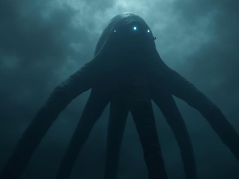 Image depicts a massive tentacled creature viewed from below in a foggy sky. The creature has a sleek body and six glowing eyes. It appears dark and ominous, enhanced by atmospheric effects.