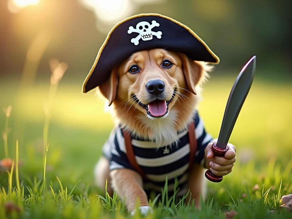 Place the dog in a natural grassy field background, keeping the original appearance of the dog unchanged. The dog is wearing a pirate costume, complete with a hat and striped shirt, holding a toy sword. Ensure the grassy field setting looks vibrant and realistic, capturing natural light and colors. The lighting must be consistent with how the dog appears, enhancing its features and outfit without altering them. The focus remains solely on the dog, ensuring that its attire stays intact while seamlessly integrating into the outdoor scenery.