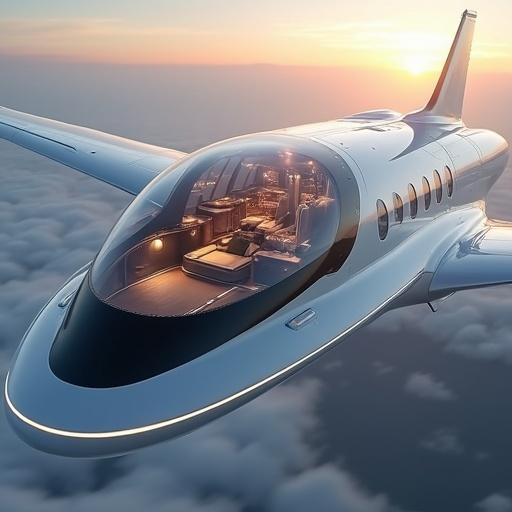 Elegant aircraft with streamlined design and expansive panoramic windows. Features a smooth silver-white exterior and dark accents. Multi-level cabin illuminated with warm artificial light.