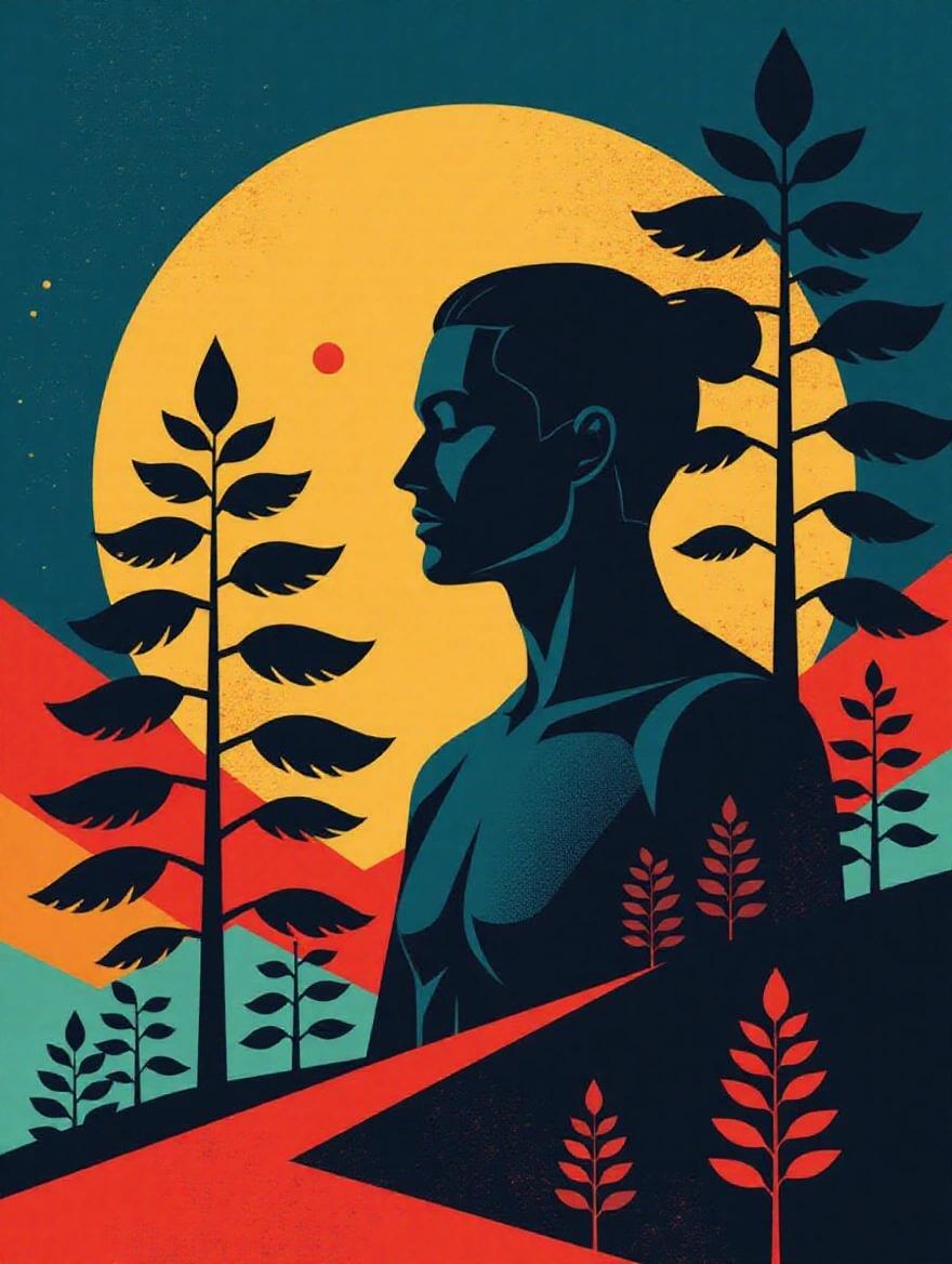 Flat minimalist vector art of a figure and trees. Bold clean lines with solid colors and subtle texture. Retro geometric background enhances contrast.