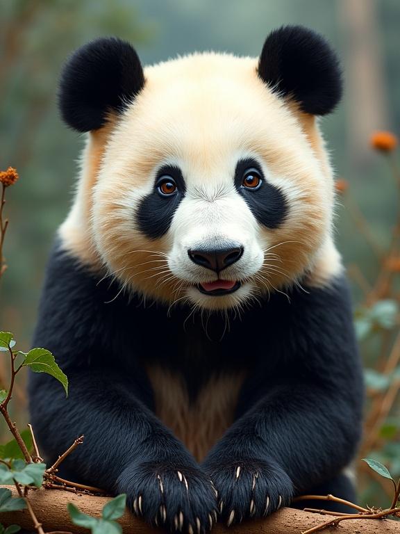Panda illustration for coloring purposes. Cute and expressive panda with distinctive black and white fur. Positioned in a natural setting with greenery. Ideal for a coloring book page.