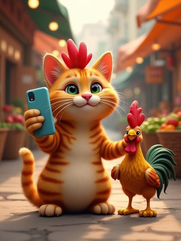 A playful cat with golden-orange fur and dark orange stripes sits in a market holding a blue smartphone. It has bright green eyes, a pink nose, and a friendly grin. A rooster stands beside the cat, both posing for a selfie. The scene is warm with baskets of produce in the background.