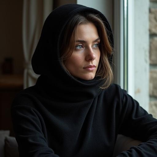 A woman sits by a window wearing a black hoodie. Face visible showing delicate features and intense bright blue eyes. Black wool sweater and gloves worn. Soft tights barely visible. Her expression is absorbed, almost hypnotized by the view outside.