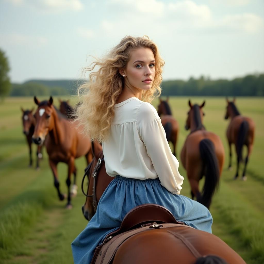 A young woman on horseback in a green field during summer. She wears a white blouse and blue skirt. Herd of horses running in the background. Shot from a distance to include both the girl and the horse.