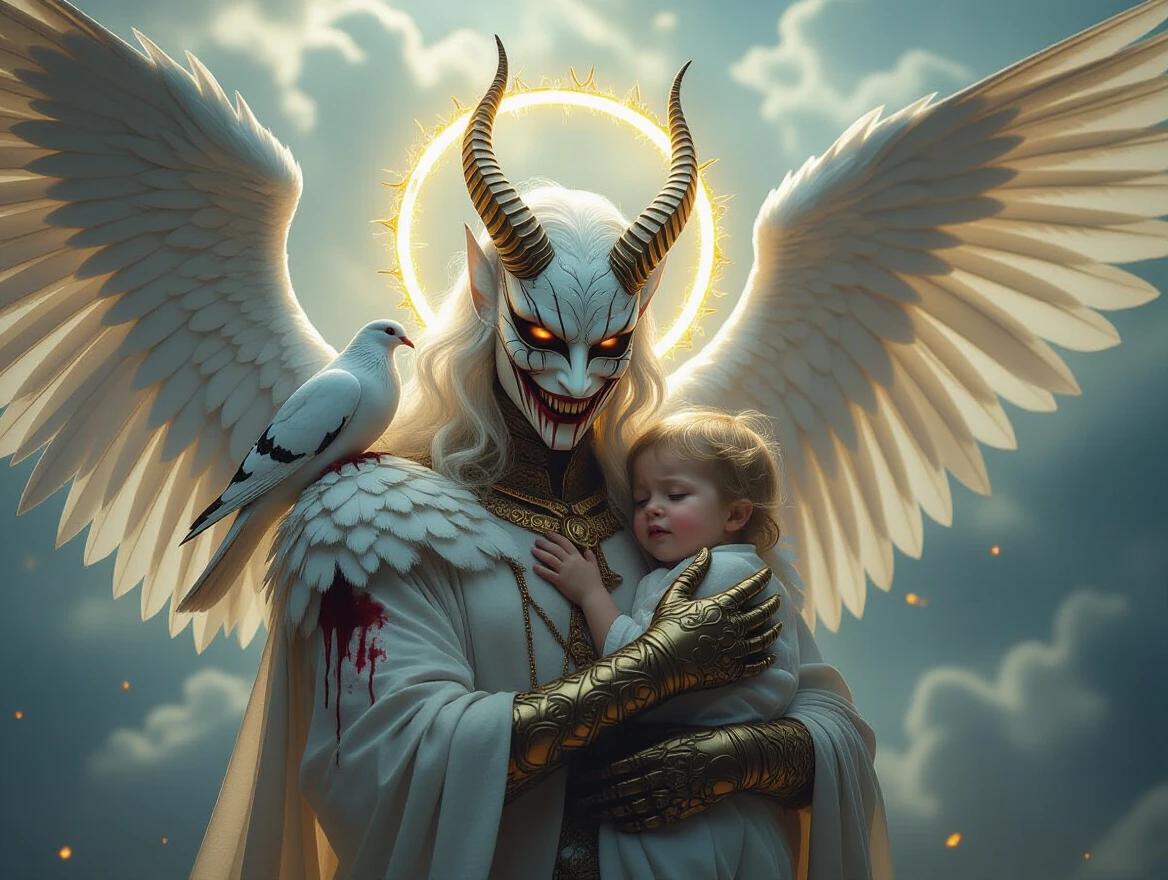 A serpentine beast with feathered wings and a golden halo. Doves are nesting softly on its shoulders. Blood-stained fangs hide beneath an unsettling smiling mask. Long tail wraps protectively around a crying child. The halo glows, slightly cracked. Light beams pierce through clouds. Hyper-detailed, fantasy horror realism.