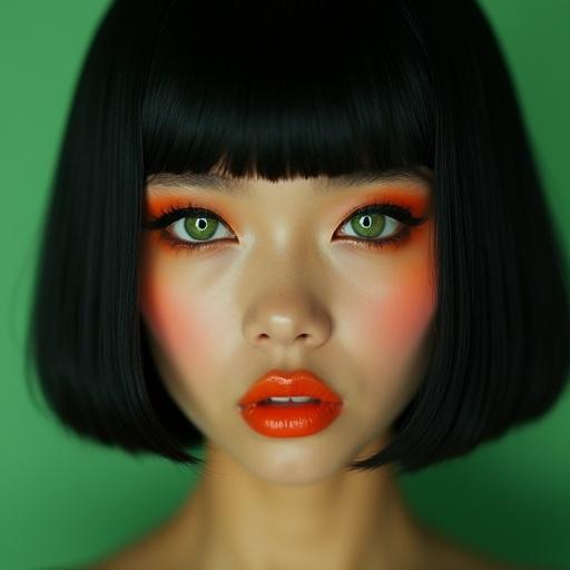 Portrait from front view. Black straight sleek short hairstyle. Glossy texture. Bold makeup with deep dark eye makeup. Profound emerald green eyes. Fluorescent orange lipstick. Surreal atmosphere. Indonesian girl. Minimalist and experimental art style. Lively feel. Vivid color contrasts. Dramatic lighting. Photorealistic and rich detailing.