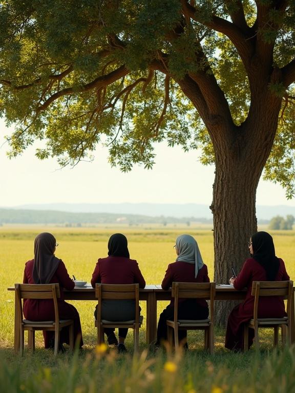 In-service classroom setting for female Muslim teachers. Group gathered around a table under a tree. Lush plain and scenic view in background. Realistic and cinematic depiction.