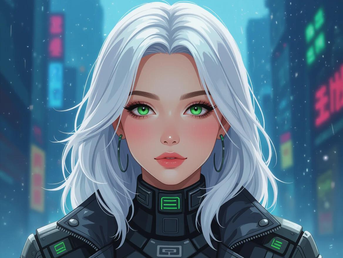 A unique dreamlike woman in cyberpunk style with white hair and green eyes. Captivating appearance with an innocent expression. Full body display set in a vibrant atmosphere with clear skin and natural blush.