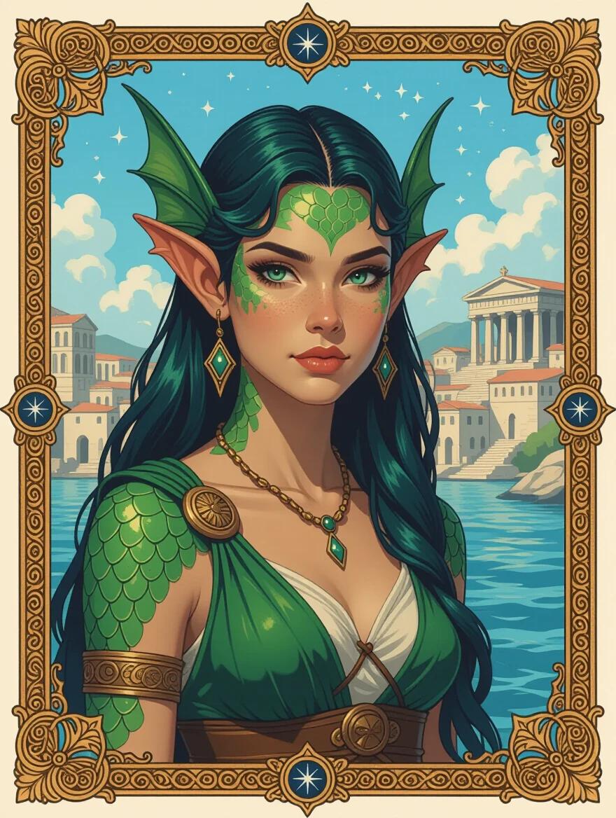 Illustration of a female Triton holding a magic stone. She has long green-blue hair and sharp finned ears. Her skin is scaled and green-blue. She wears Ancient Greek-inspired clothing. Background is an ancient port city by the sea with classical architecture. The scene suggests underwater and celestial magic.