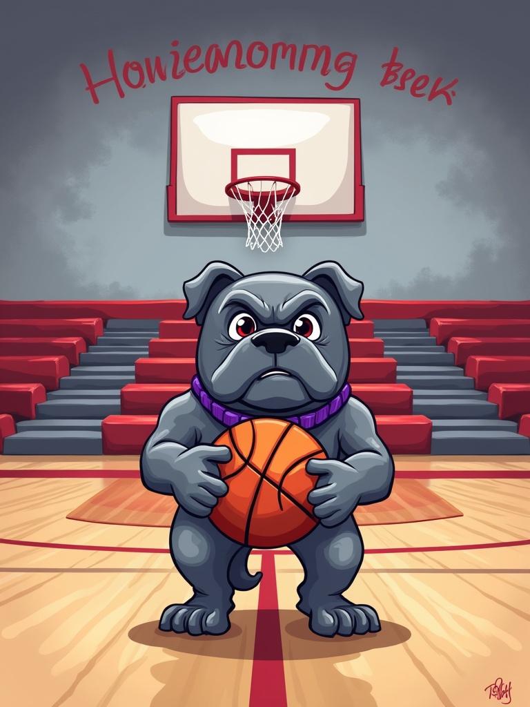 Airbrush cartoon style illustration shows a school gym basketball court. Gray bulldog stands holding a basketball. Dog wears purple collar. Bleachers are in the background. The words Homecoming Week appear above.