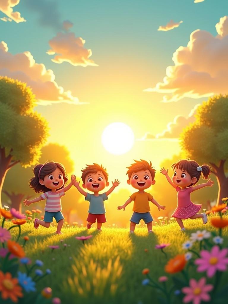 Early morning scene. Children play joyfully in a vibrant garden. Bright sunlight shines. Sun rises, illuminating the sky with golden hues. Animated form illustration.