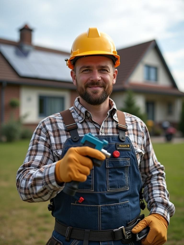 Image of an electrician outside a house. A house with solar panels is in the background. The electrician wears a hard hat and gloves. He holds a tool in his hand.